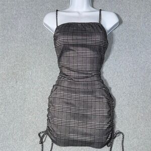 Windsor Plaid Ruched Side Bodycon Mini Dress Black White Glen Check Sleeveless